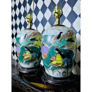 Statement 32" Japanese Porcelain Geisha Figural Lamps Hand Painted Chinoiserie